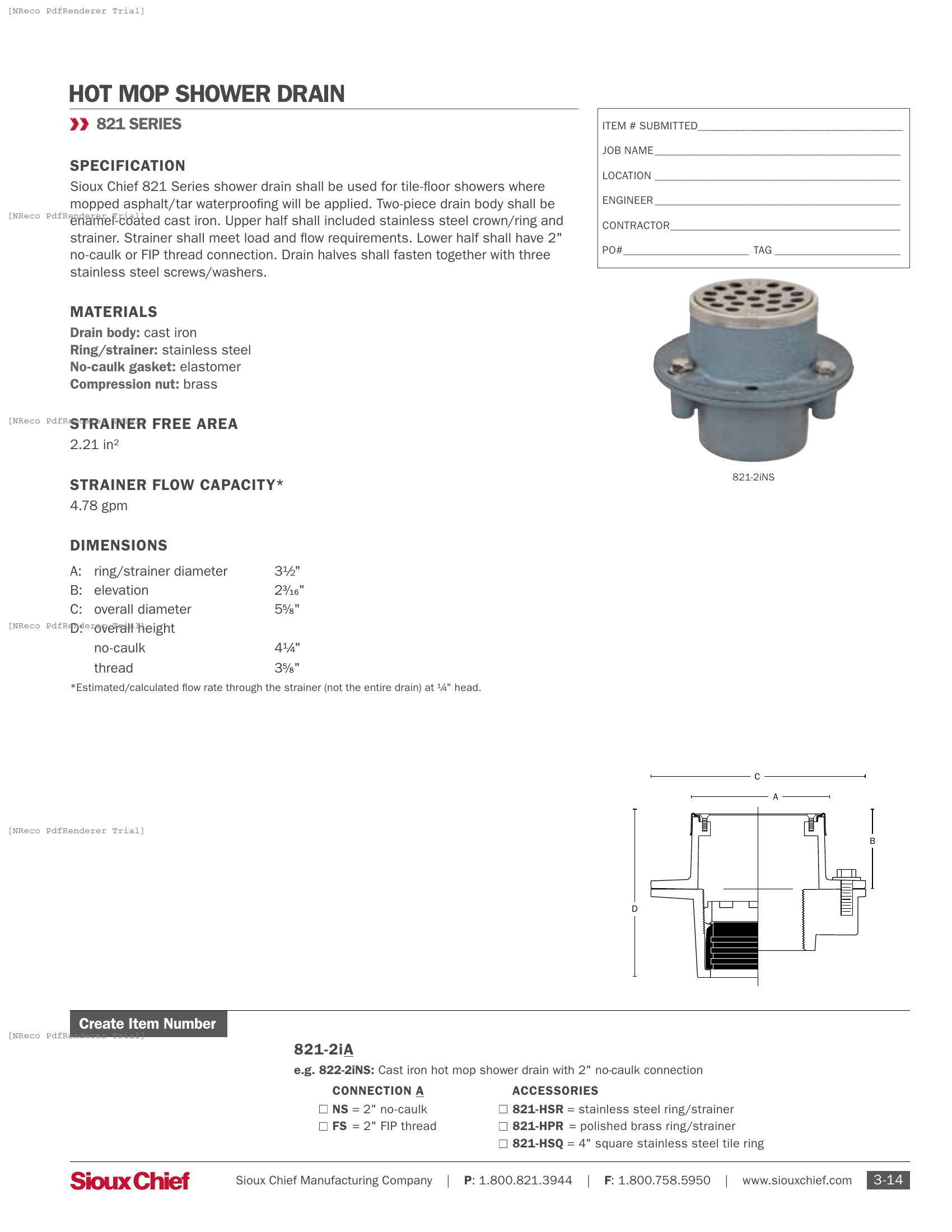 821-2I SERIES - 2-PIECE CAST IRON SHOWER PAN DRAIN - SPEC SHEET.PDF Specification Document